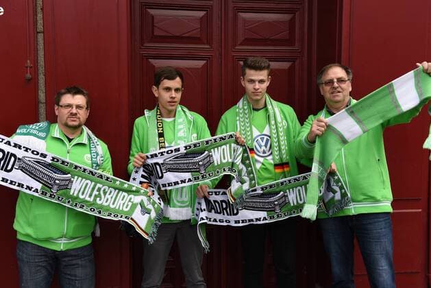 Spain: Wolfsburg fans in Madrid Wolfsburg supporters pictured in Madrid. Nearly 2,000 Wolfsburg fans travel to Madrid to watch the UEFA Champions League match between Real Madrid (Spain) and Wolfsburg (Germany). Supporters congregate in the streets around Plaza Mayor in central Madrid prior the game.  JorgexSanz