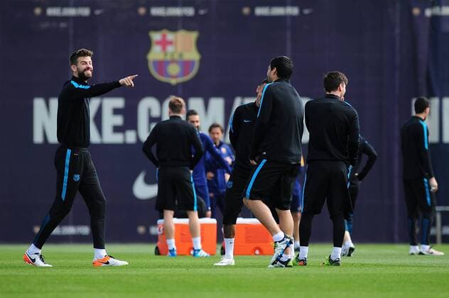 April 12, 2016 - Barcelona, Spain - Gerard Piqu of F.C.Barcelona, jogging with Luis Suarez and Lionel Messi during F.C.Barcelona training session before Club Atltico de Madris vs F.C. Barcelona UEFA Champions League match, in Barcelona, 12 of April, 2016. Barcelona Training And press conference PK Pressekonferenz  - ZUMAn230