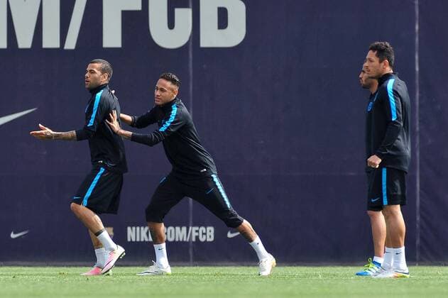April 12, 2016 - Barcelona, Spain - Dani Alves and Neymar Jr. of F.C.Barcelona, jogging during F.C.Barcelona training session before Club Atltico de Madris vs F.C. Barcelona UEFA Champions League match, in Barcelona, 12 of April, 2016. Barcelona Training And press conference PK Pressekonferenz  - ZUMAn230