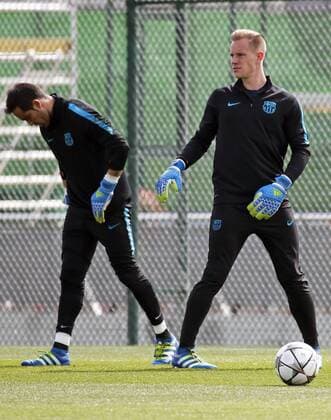 April 12, 2016 - Barcelona, Spain - Andre Ter Stegen and Claudio Bravo during the training before the Champions League match against Atletico de Madrid, celebrated in the Ciutat Esportiva Joan Gamper, on april 12, 2016. Barcelona Training And press conference PK Pressekonferenz  - ZUMAn230