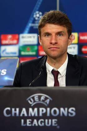 April 12, 2016 - Lisbon, Portugal - Bayern Munich s forward Thomas MÅ¸ller attends a press conference PK Pressekonferenz at Luz stadium in Lisbon on April 12, 2016 on the eve of their Champions League quarter-final second leg football match SL Benfica vs FC Bayern Munich. UEFA Champions League quarter-final second leg Bayern Munich press conference - ZUMAf123