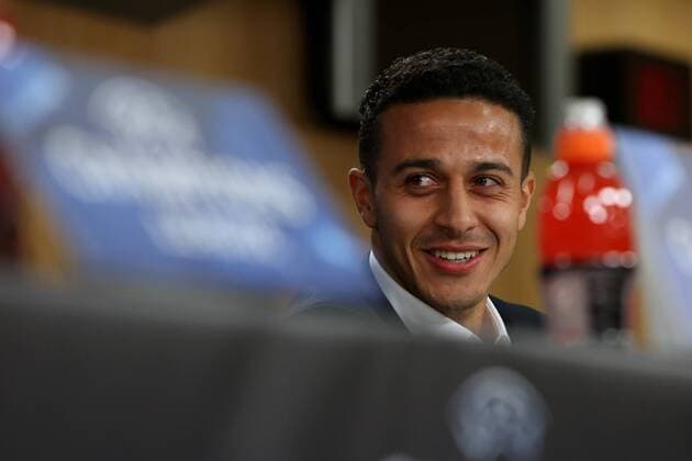 April 12, 2016 - Lisbon, Portugal - Bayern Munich s midfielder Thiago AlcÃƒÂ¡ntara attends a press conference PK Pressekonferenz at Luz stadium in Lisbon on April 12, 2016 on the eve of their Champions League quarter-final second leg football match SL Benfica vs FC Bayern Munich. UEFA Champions League quarter-final second leg Bayern Munich press conference - ZUMAf123