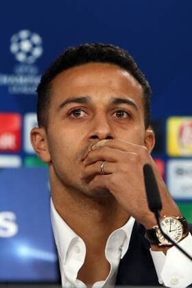 April 12, 2016 - Lisbon, Portugal - Thiago AlcÃƒÂ¡ntara of Bayern Muenchen smiles during a FC Bayern Muenchen press conference PK Pressekonferenz ahead of the UEFA Champions League match against SL Benfica at Estadio da Luz on April 12, 2016 in Lisbon, Portugal. FC Bayern Muenchen - Training & Press Conference  - ZUMAn230