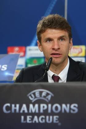 April 12, 2016 - Lisbon, Portugal - Thomas Mueller of Bayern Muenchen smiles during a FC Bayern Muenchen press conference PK Pressekonferenz ahead of the UEFA Champions League match against SL Benfica at Estadio da Luz on April 12, 2016 in Lisbon, Portugal. FC Bayern Muenchen - Training & Press Conference  - ZUMAn230