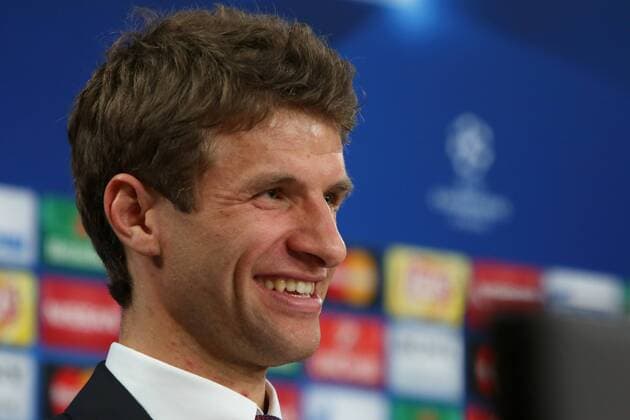 April 12, 2016 - Lisbon, Portugal - Thomas Mueller of Bayern Muenchen smiles during a FC Bayern Muenchen press conference PK Pressekonferenz ahead of the UEFA Champions League match against SL Benfica at Estadio da Luz on April 12, 2016 in Lisbon, Portugal. FC Bayern Muenchen - Training & Press Conference  - ZUMAn230