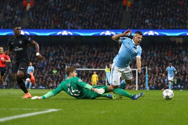Kevin Trapp of PSG brings down Sergio Aguero of Manchester City to give away a penalty kick during the UEFA Champions League Quarter Final match at the Etihad Stadium. Photo credit should read: Philip Oldham Sportimage EDITORIAL USE ONLY. No use with unauthorised audio, video, data, fixture lists, club league logos or live services. Online in-match use limited to 120 images, no video emulation. No use in betting, games or single club league player publications.