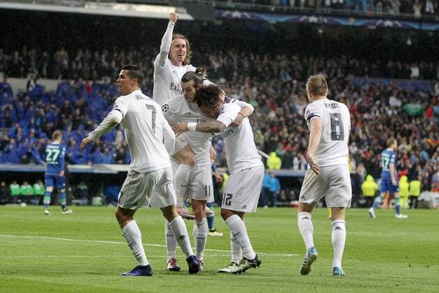 Lissabon Cristiano Ronaldo ( Real Madrid ) Luka Modric ( Real Madrid ) Gareth Bale ( Real Madrid ) Marcelo ( Real Madrid ), Real Madrid vs. VfL Wolfsburg, Fussball, Champions League Viertelfinale, 12.03.2016, Copyright: Langer Eibner-Pressefoto EP_HLR
