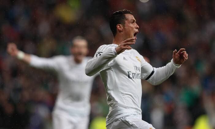 Real Madrid Portuguese forward Cristiano Ronaldo celebrates his second goal for the team before Wolfsburg during a Champions League quarter final second leg match held at Santiago Bernabeu Stadium in Madrid, Spain, 12 April 2016. REAL MADRID VS WOLFSBURGO !ACHTUNG: NUR REDAKTIONELLE NUTZUNG!  RMD010 20160412-635960930796294358