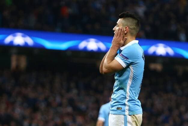 Sergio Aguero of Manchester City dejected following his penalty miss during the UEFA Champions League Quarter Final match at the Etihad Stadium. Photo credit should read: Philip Oldham Sportimage EDITORIAL USE ONLY. No use with unauthorised audio, video, data, fixture lists, club league logos or live services. Online in-match use limited to 120 images, no video emulation. No use in betting, games or single club league player publications.