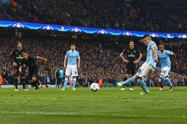 Sergio Aguero of Manchester City sends his penalty wide during the UEFA Champions League Quarter Final match at the Etihad Stadium. Photo credit should read: Philip Oldham Sportimage EDITORIAL USE ONLY. No use with unauthorised audio, video, data, fixture lists, club league logos or live services. Online in-match use limited to 120 images, no video emulation. No use in betting, games or single club league player publications.