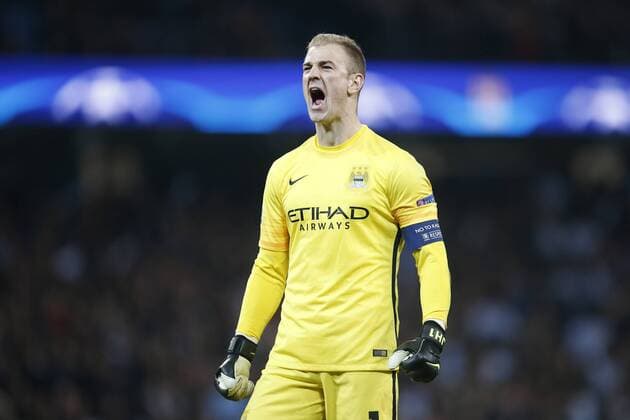 Joe Hart of Manchester City celebrates his sides first goal during the UEFA Champions League Quarter Final match at the Etihad Stadium. Photo credit should read: Philip Oldham Sportimage EDITORIAL USE ONLY. No use with unauthorised audio, video, data, fixture lists, club league logos or live services. Online in-match use limited to 120 images, no video emulation. No use in betting, games or single club league player publications.
