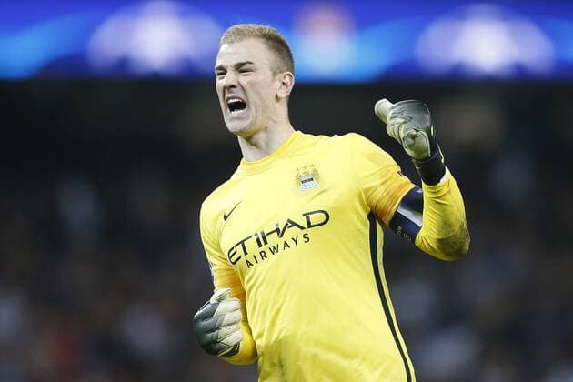 Joe Hart of Manchester City celebrates his sides first goal during the UEFA Champions League Quarter Final match at the Etihad Stadium. Photo credit should read: Philip Oldham Sportimage EDITORIAL USE ONLY. No use with unauthorised audio, video, data, fixture lists, club league logos or live services. Online in-match use limited to 120 images, no video emulation. No use in betting, games or single club league player publications.