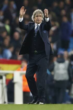 Manuel Pellegrini, manager of Manchester City applauds the fans during the UEFA Champions League Quarter Final match at the Etihad Stadium. Photo credit should read: Philip Oldham Sportimage EDITORIAL USE ONLY. No use with unauthorised audio, video, data, fixture lists, club league logos or live services. Online in-match use limited to 120 images, no video emulation. No use in betting, games or single club league player publications.