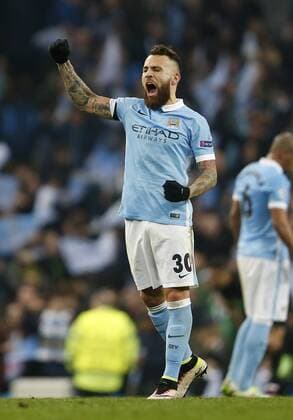 Nicolas Otamendi of Manchester City celebrates victory during the UEFA Champions League Quarter Final match at the Etihad Stadium. Photo credit should read: Philip Oldham Sportimage EDITORIAL USE ONLY. No use with unauthorised audio, video, data, fixture lists, club league logos or live services. Online in-match use limited to 120 images, no video emulation. No use in betting, games or single club league player publications.