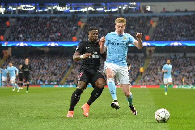 SERGE AURIER (psg) - Kevin De Bruyne (man) FOOTBALL : Manchester City vs Paris St. Germain (PSG) - Champions League - 12 04 2016 AnthonyBIBARD FEPx 