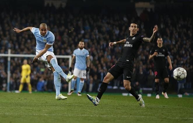 Fernandinho of Manchester City has a shot past Angel Di Maria of Paris Saint Germain during the UEFA Champions League match at The Etihad Stadium. Photo credit should read: Simon Bellis Sportimage EDITORIAL USE ONLY. No use with unauthorised audio, video, data, fixture lists, club league logos or live services. Online in-match use limited to 120 images, no video emulation. No use in betting, games or single club league player publications.