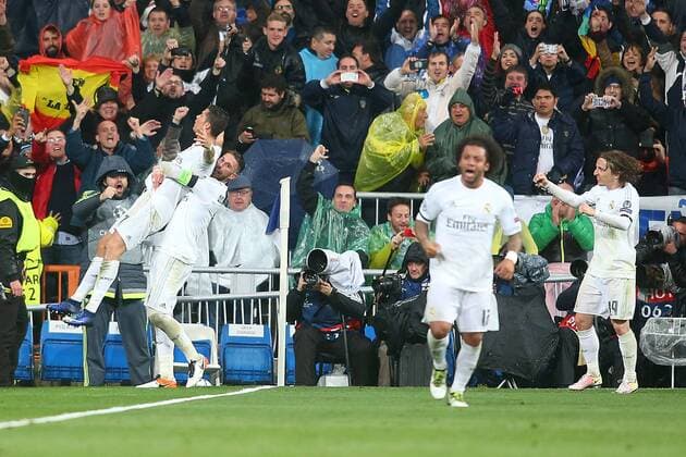 Real Madrid s Cristiano Ronaldo, Sergio Ramos, Marcelo Vieira and Luka Modric celebrate goal during Champions League 2015 2016 Quarter-finals 2nd leg match. April 12,2016.  (2016041222)