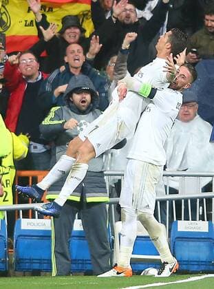 Real Madrid s Cristiano Ronaldo and Sergio Ramos celebrate goal during Champions League 2015 2016 Quarter-finals 2nd leg match. April 12,2016.  (2016041224)