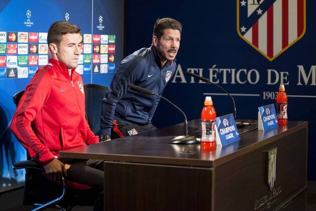 Gabi Fernandez and coach Diego Simeone during Atletico de Madrid s press conference PK Pressekonferenz the day before the EUFA Champions League match between Atletico de Madrid and FC. Barcelona at Vicente Calderon in Madrid. April 13, 2016.  (20160413004)
