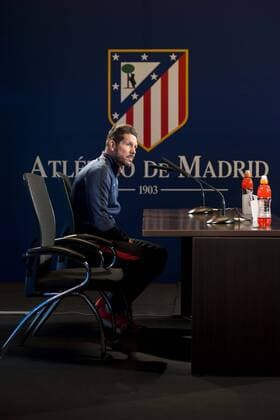 Coach Diego Simeone during Atletico de Madrid s press conference PK Pressekonferenz the day before the EUFA Champions League match between Atletico de Madrid and FC. Barcelona at Vicente Calderon in Madrid. April 13, 2016.  (20160413025)
