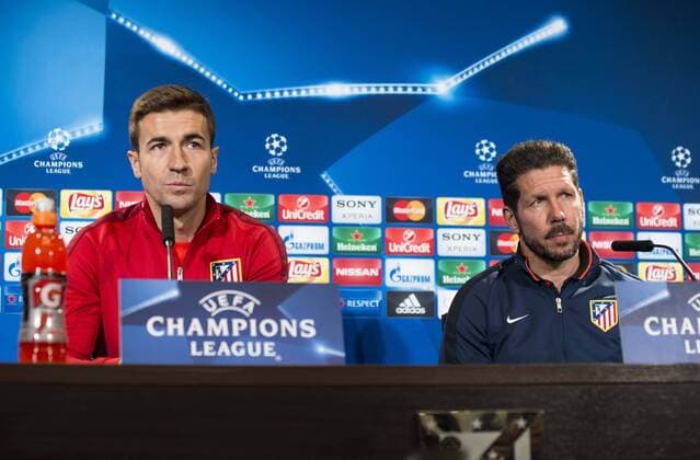 Gabi Fernandez and coach Diego Simeone during Atletico de Madrid s press conference PK Pressekonferenz the day before the EUFA Champions League match between Atletico de Madrid and FC. Barcelona at Vicente Calderon in Madrid. April 13, 2016.  (20160413013)