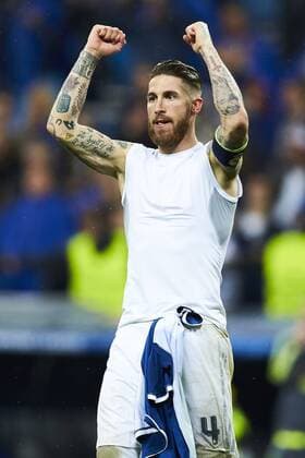 12.04.2016, xslx, Fussball UEFA Champions League, Real Madrid - VfLWolfsburg, emspor, v.l. Sergio Ramos (Real Madrid CF) Jubelt nach Spielende