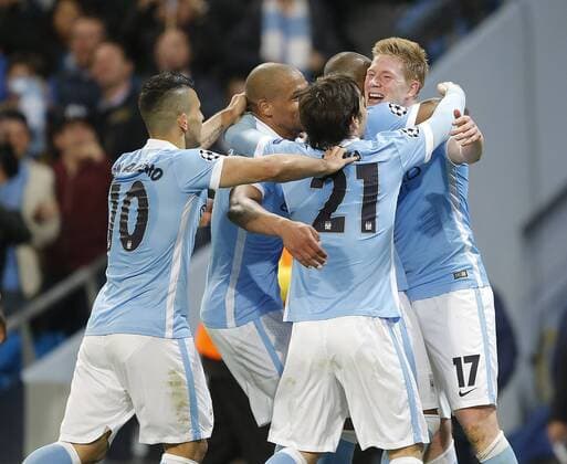 Kevin De Bruyne of Manchester City celebrates his goal during the UEFA Champions League match at The Etihad Stadium. Photo credit should read: Simon Bellis Sportimage EDITORIAL USE ONLY. No use with unauthorised audio, video, data, fixture lists, club league logos or live services. Online in-match use limited to 120 images, no video emulation. No use in betting, games or single club league player publications.