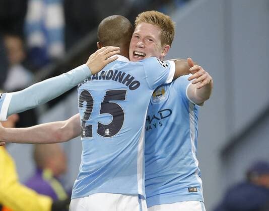 Kevin De Bruyne of Manchester City celebrates his goal during the UEFA Champions League match at The Etihad Stadium. Photo credit should read: Simon Bellis Sportimage EDITORIAL USE ONLY. No use with unauthorised audio, video, data, fixture lists, club league logos or live services. Online in-match use limited to 120 images, no video emulation. No use in betting, games or single club league player publications.