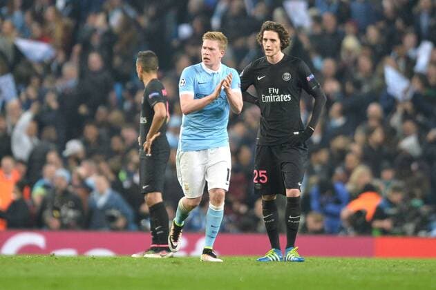 Kevin De Bruyne (man) - JOIE - ADRIEN RABIOT (psg) - DECEPTION FOOTBALL : Manchester City vs Paris St. Germain (PSG) - Champions League - 12 04 2016 AnthonyBIBARD FEPx 