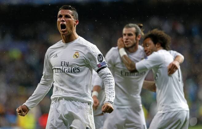 Champions League quarter-final second leg between VfL Wolfsburg and Real Madrid. In this picture, Cristiano Ronaldo celebrates a goal with Marcelo and Bale. xPABLOxGARCIAx 