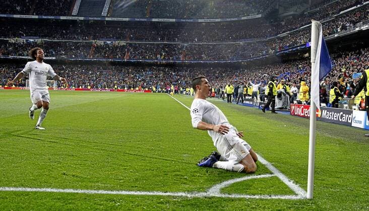 Champions League quarter-final second leg between VfL Wolfsburg and Real Madrid. In this picture, Cristiano Ronaldo celebrates third goal. xCHEMAxREYx 