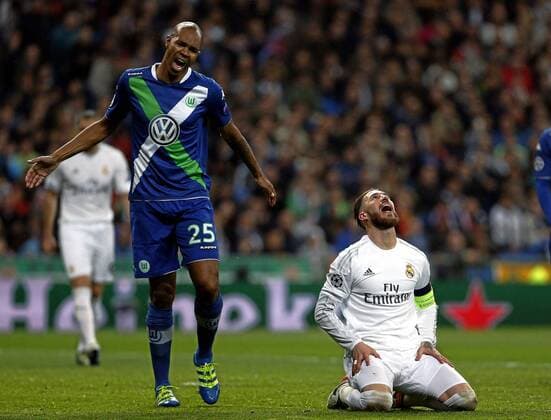Champions League quarter-final second leg between VfL Wolfsburg and Real Madrid. In this picture, Naldo and Sergio Ramos. xCHEMAxREYx 