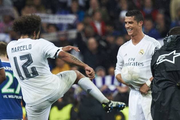 April 12, 2016 - Madrid, Spain - Cristiano Ronaldo (forward; Real Madrid), Marcelo (defender; Real Madrid) in action during the UEFA Champions League quarter-final second leg football match between Real Madrid vs Wolfsburg at Santiago Bernabeu on April 12, 2016 in Madrid Real Madrid vs Wolfsburg. UEFA Champions League quarter-final  - ZUMAg15_