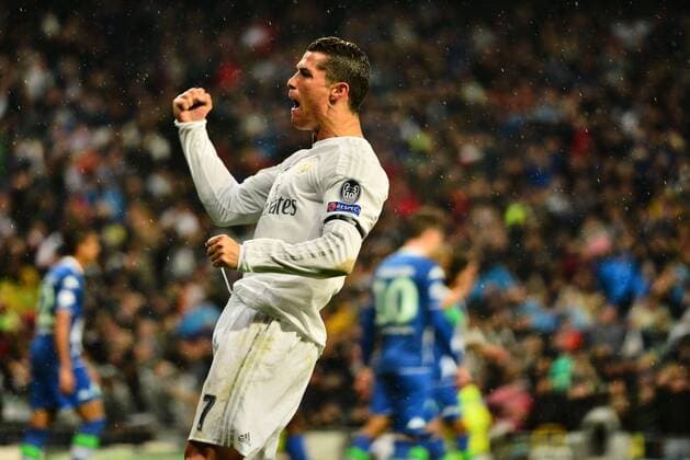 April 12, 2016 - Madrid, Spain - Cristiano Ronaldo of Real Madrid celebrates after scoring his team s second goal during the UEFA Champions League quarter final second leg match between Real Madrid and VfL Wolfsburg at Estadio Santiago Bernabeu on April 12, 2016 in Madrid, Spain. Real Madrid CF v VfL Wolfsburg - UEFA Champions League Quarter Final: Second Leg  - ZUMAn230
