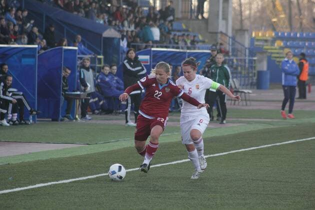 April 12, 2016 - St. Petersburg, Russia - Russian Federation. St. Petersburg. Qualification European Championship EM Europameisterschaft 2017 among women, Russia - Hungary, 3: 3. Qualification European Championship 2017 between the national women s teams of Russia and Hungary..Player of the Russian national football Marina Fedorova. Womens Soccer Qualification European Championship 2017  - ZUMAl75_