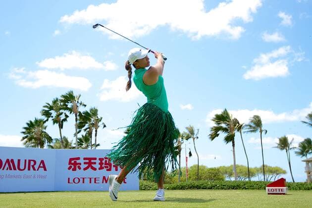April 12, 2016 - Cheyenne Woods hits a shot wearing the hula skirt during the Pro Am day of the Lotte Championship presented by Hershey at Ko Olina Golf Club in Kapolei, HI LPGA Golf Damen Golf 2016: Lotte Championship APR 12 - ZUMAc04_