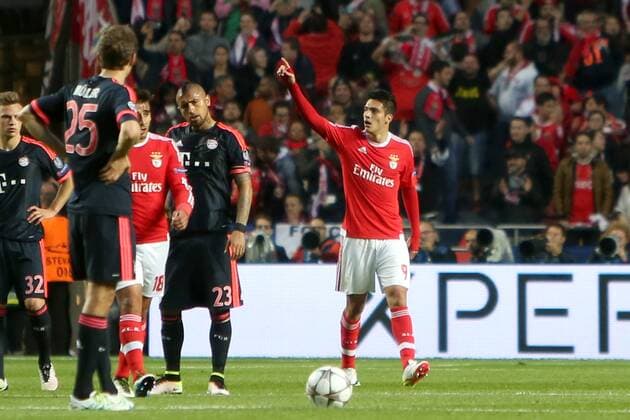 April 13, 2016 - Lisbon, Portugal - Benfica s forward RaÅ l JimÅ½nez (R ) celebrates after scoring a goal during the UEFA Champions League quarter-final second leg football match between SL Benfica and FC Bayern Munich at the Luz stadium in Lisbon on April 13, 2016...........UEFA Champions League quarter-final second leg football match SL Benfica vs FC Bayern Munich - ZUMAf123