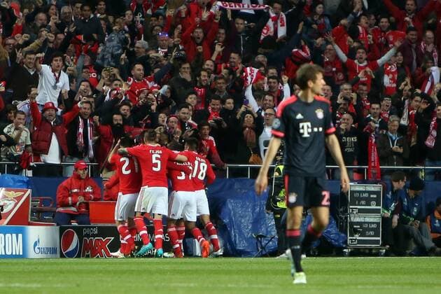 April 13, 2016 - Lisbon, Portugal - Benfica s forward RaÅ l JimÅ½nez celebrates with teammates after scoring during the UEFA Champions League quarter-final second leg football match between SL Benfica and FC Bayern Munich at the Luz stadium in Lisbon on April 13, 2016...........UEFA Champions League quarter-final second leg football match SL Benfica vs FC Bayern Munich - ZUMAf123