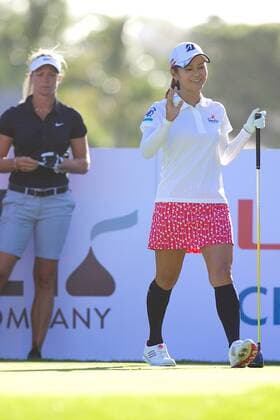 April 13, 2016 - Ai Miyazato waves to the crowd after they announce her name as Suzann Pettersen watches on during the first round of the Lotte Championship presented by Hershey at Ko Olina Golf Club in Kapolei, HI LPGA Golf Damen Golf 2016: Lotte Championship APR 13 - ZUMAc04_