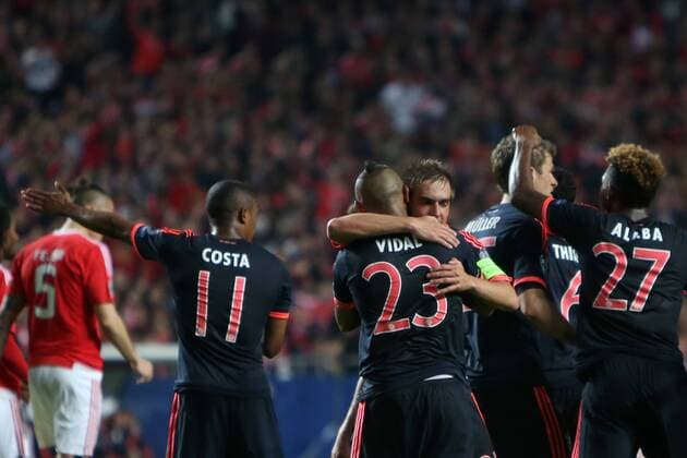 April 13, 2016 - Lisbon, Portugal - Bayern Munich s midfielder Arturo Vidal celebrates with teammates after scoring during the UEFA Champions League quarter-final second leg football match between SL Benfica and FC Bayern Munich at the Luz stadium in Lisbon on April 13, 2016...........UEFA Champions League quarter-final second leg football match SL Benfica vs FC Bayern Munich - ZUMAf123