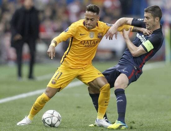 Atletico de Madrid s Gabi Fernandez (r) and FC Barcelona Barca s Neymar Santos Jr during Champions League 2015 2016 Quarter-Finals 2nd leg match. April 13,2016.  (2016041393)