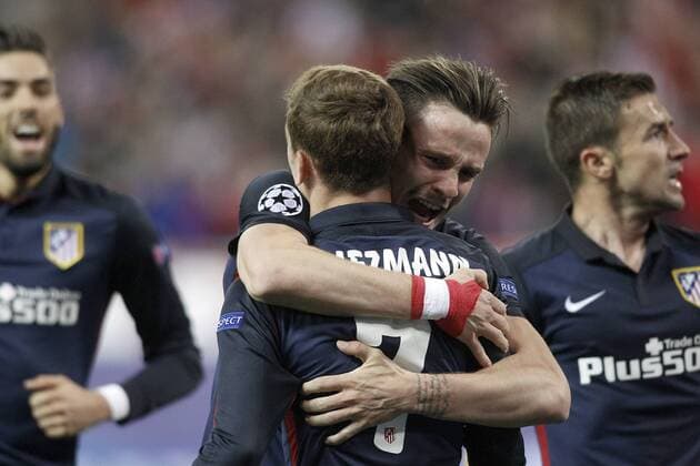 Atletico de Madrid s Yannick Carrasco, Saul Niguez, Antoine Griezmann and Gabi Fernandez celebrate goal during Champions League 2015 2016 Quarter-Finals 2nd leg match. April 13,2016.  (20160413101)