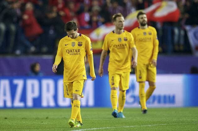 (L-R) Lionel Messi of FC Barcelona Barca Ivan Rakitic of FC Barcelona, Gerard Pique of FC Barcelona during the UEFA Champions League quarter-final match between Atletico Madrid and FC Barcelona on April 13, 2016 at the Vicente Calderon stadium in Madrid, Spain. Atletico Madrid v FC Barcelona UEFA Champions League 2015 2016 xVIxxIVx 5311497