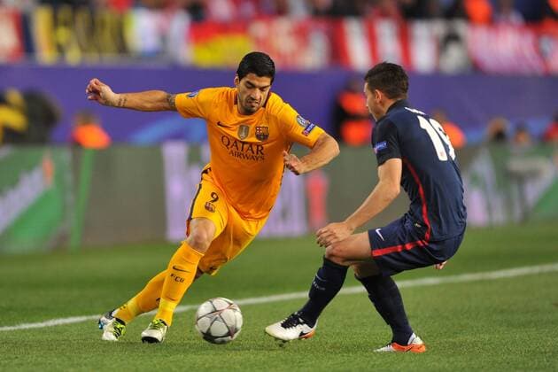Luis Suarez FC Barcelona Barca and Lucas Hernandez (At. Madrid) during the UEFA Champions League 1 4 finals match between Atletico de Madrid and F.C Barcelona played at Estadio Vicente Calderon, Madrid - FOTO : J.M.Colomo  xJ.M.Colomox xx