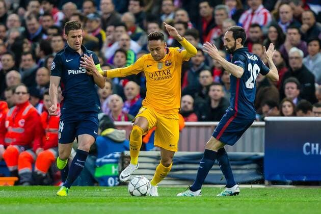Mittwoch 13.04.2016, Champions League - Viertelfinale, Rueckspiel in Madrid, Saison 2015 2016, Atletico Madrid - FC Barcelona Barca v-l Gabi (Atletico Madrid 14) Munir El Haddadi (Barcelona 17) Juanfran (Atletico Madrid 20) DeFodi507