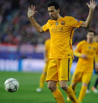 FC Barcelona Barca Midfielder, Sergio Busquets Burgos - BUSQUETS, number 5 . Round Quarter-Finals 2nd leg of the CHAMPIONS league, soccer match between Atletico de Madrid - FC Barcelona at the Vicente Calderon estadium, Madrid - Spain (ESP) by April 13, 2016. PHOTO: Gregorio Lopez.  xGregorioxLopezx x SOCCERxSPAINx