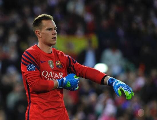 FC Barcelona Barca Goalkeeper, Marc-Andre Ter Stegen - TER STEGEN, number 1 . Round Quarter-Finals 2nd leg of the CHAMPIONS league, soccer match between Atletico de Madrid - FC Barcelona at the Vicente Calderon estadium, Madrid - Spain (ESP) by April 13, 2016. PHOTO: Gregorio Lopez.  xGregorioxLopezx x SOCCERxSPAINx