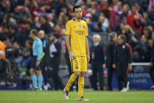 Sergio Busquets of FC Barcelona Barca during the UEFA Champions League quarter-final match between Atletico Madrid and FC Barcelona on April 13, 2016 at the Vicente Calderon stadium in Madrid, Spain. Atletico Madrid v FC Barcelona UEFA Champions League 2015 2016 xVIxxIVx 5311901