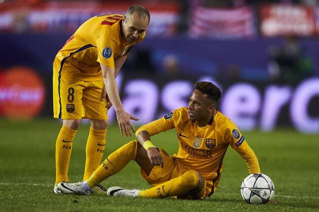 13.04.2016, xslx, Fussball UEFA Champions League, Atletico Madrid - FC Barcelona Barca emspor, v.l. Andres Iniesta (FC Barcelona), Neymar da Silva Jr (FC Barcelona)