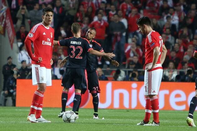 April 13, 2016 - Lisbon, Portugal - Bayern Munich s midfielder Arturo Vidal celebrates with Bayern Munich s midfielder Joshua Kimmich after scoring during the UEFA Champions League quarter-final second leg football match between SL Benfica and FC Bayern Munich at the Luz stadium in Lisbon on April 13, 2016.....................SL Benfica v FC Bayern Muenchen - UEFA Champions League Quarter Final: Second Leg  - ZUMAn230
